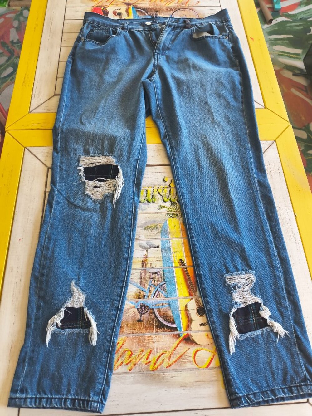 NY & Co distressed Curvy Boyfriend jeans with patches